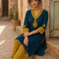 Classic Teal Cotton Kurta with Mustard Paisley Motif & Embroidered Neckline & Ajrakh Printed Cuffs