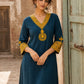 Classic Teal Cotton Kurta with Mustard Paisley Motif & Embroidered Neckline & Ajrakh Printed Cuffs