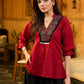 Mystic Maroon Heritage Cotton Top with Ajrakh Yoke, V Collared Neckline and Subtle Silver Embellishments