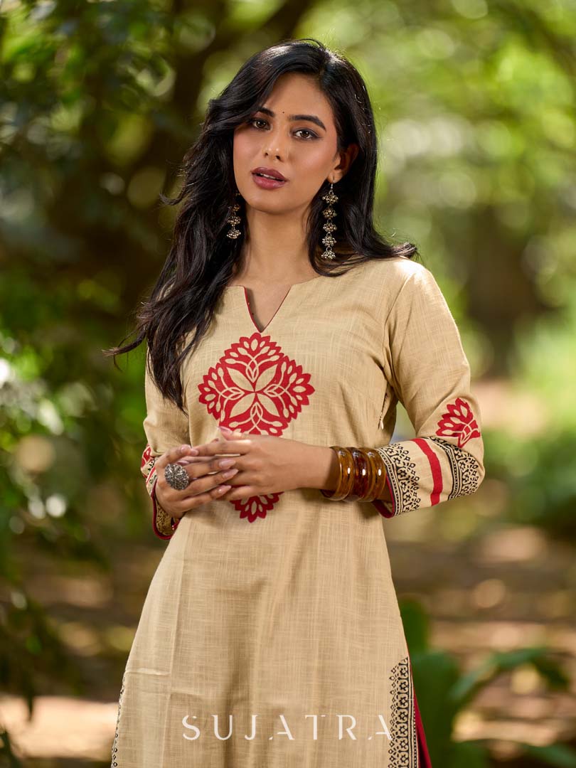 Sophisticated Beige Cotton Kurta with Statement Hand Block Design and Printed Hem Border