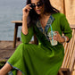 Green Flared Rayon Dress with Handcrafted Ajrakh Collar and Trims