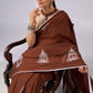 Minimalist brown cotton saree with sophisticated hand painting motifs