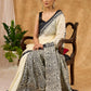 Authentic Off White Pure Silk Block Printed Saree With Temple Border