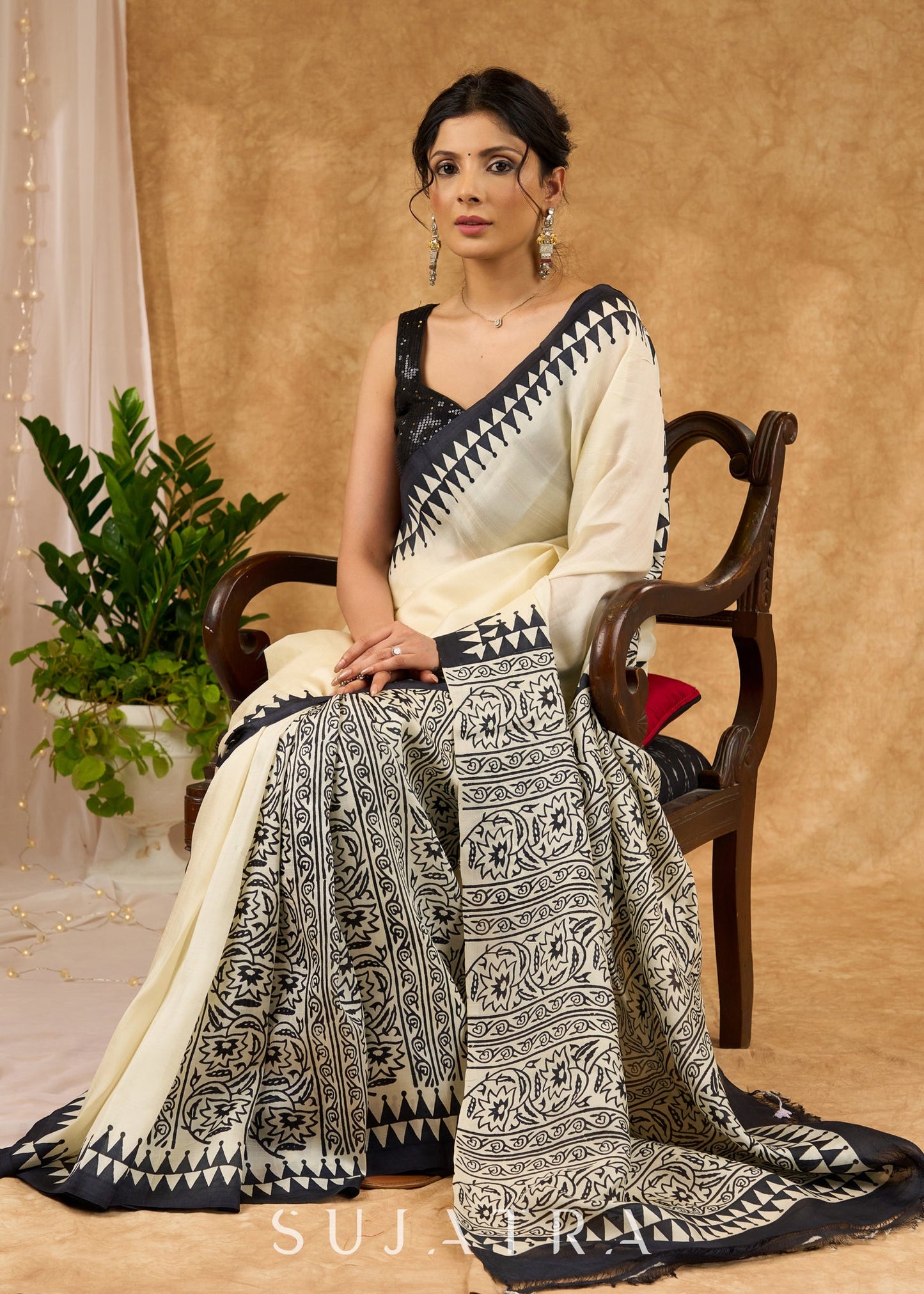 Authentic Off White Pure Silk Block Printed Saree With Temple Border