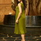 Olive Whispers Box Pleat Dress with Contrasting Hand Kantha Embroidery and Delicate Embellished Neckline