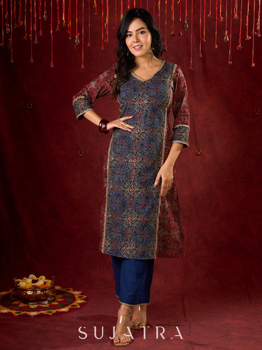 Rustic Harmony Blue–Maroon Combination Ajrakh Cotton Kurta with Delicate Embroidery