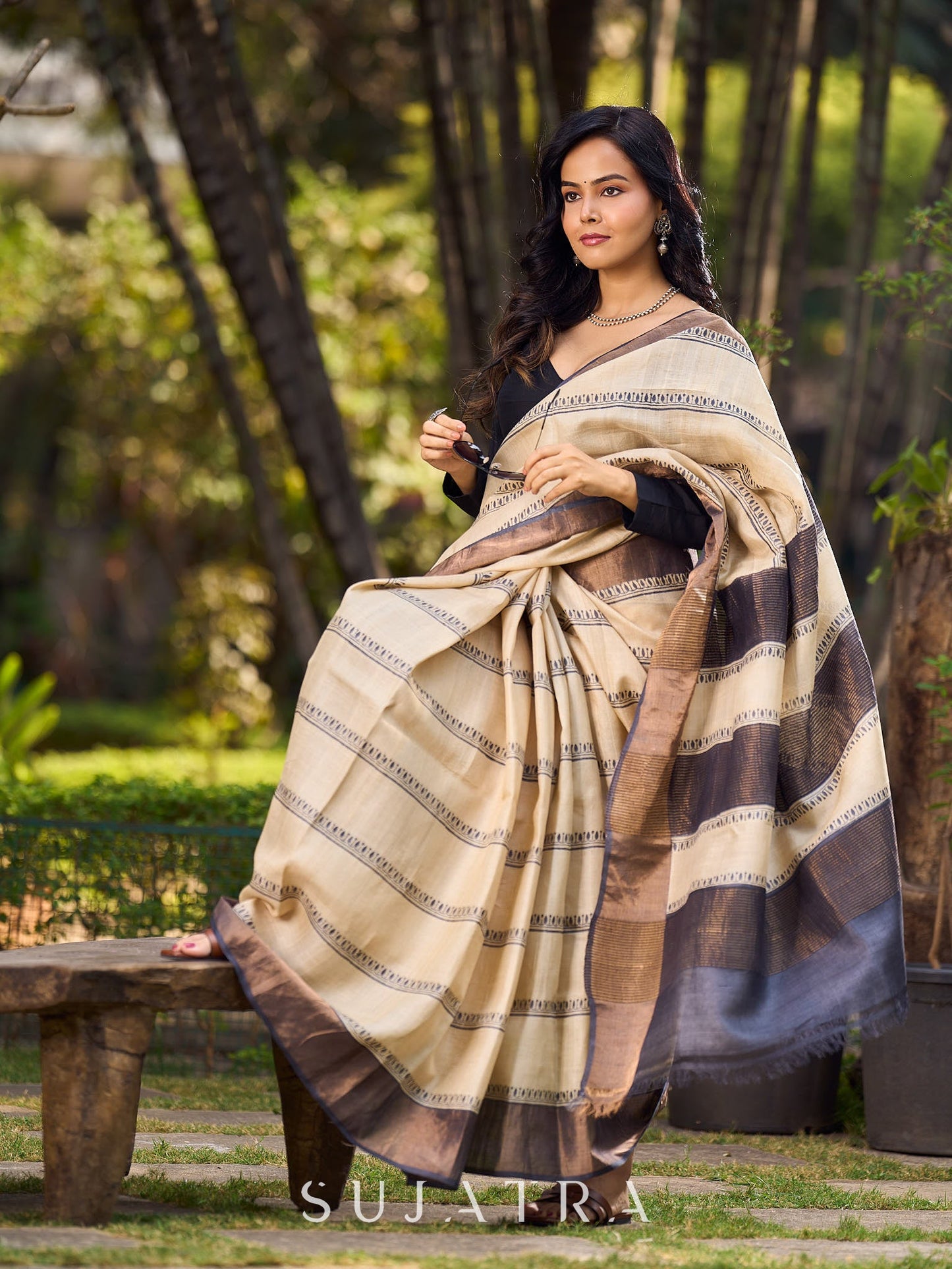 Classic Ivory and Brown Pure Tussar Silk  Block Printed Saree Accented with Subtle Stripes and Handcrafted Detailing