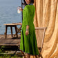 Green Flared Rayon Dress with Handcrafted Ajrakh Collar and Trims