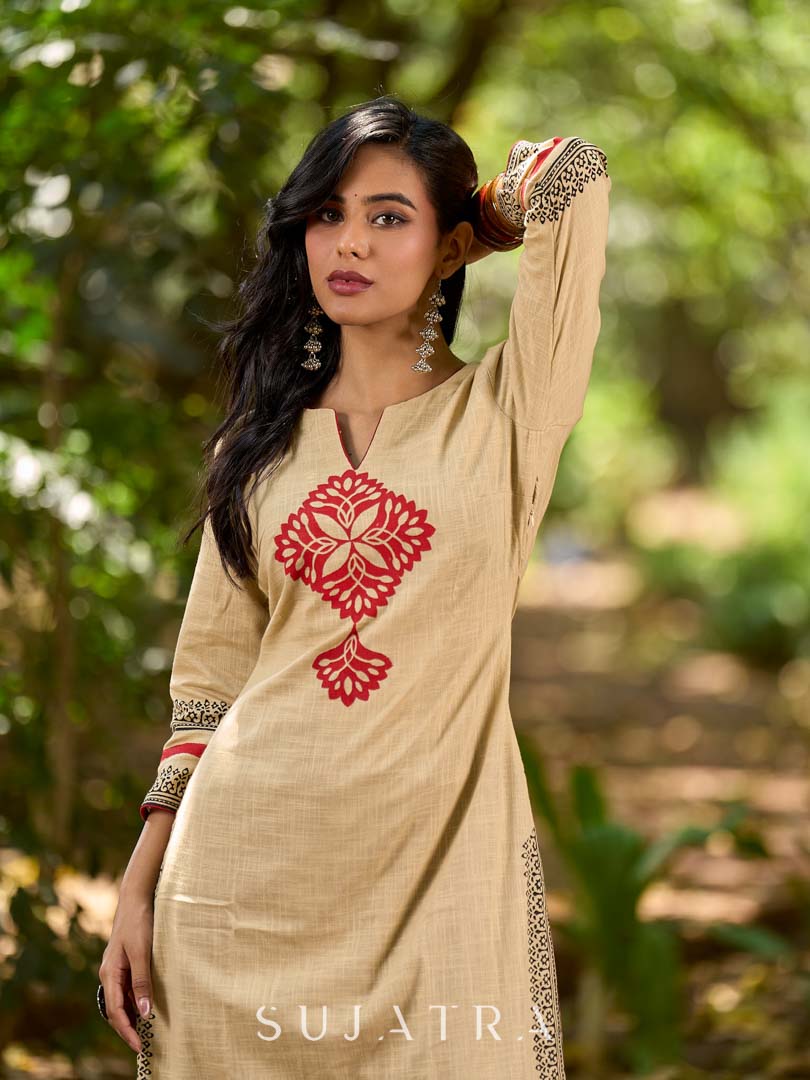 Sophisticated Beige Cotton Kurta with Statement Hand Block Design and Printed Hem Border