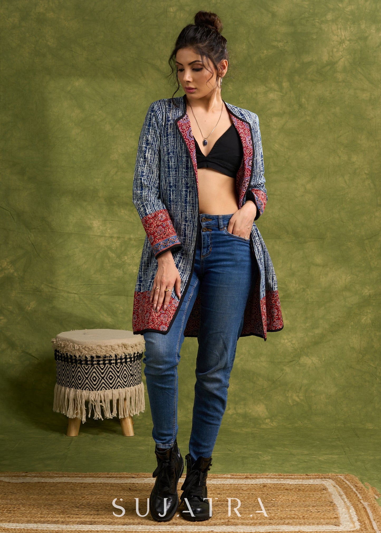 Dramatic Elegance: Indigo Blue Long Shrug With Exquisite Ajrakh Lining