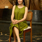 Olive Whispers Box Pleat Dress with Contrasting Hand Kantha Embroidery and Delicate Embellished Neckline