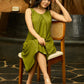 Olive Whispers Box Pleat Dress with Contrasting Hand Kantha Embroidery and Delicate Embellished Neckline