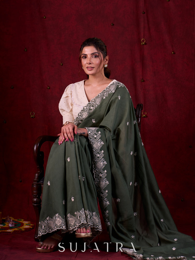 Sage Elegance Chanderi Saree Featuring All-Over Embroidery & Exquisite Heavy Border