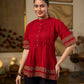 Chic Maroon Cotton Top Crafted With Front And Sleeve Pleats, Accented with Ajrakh Border