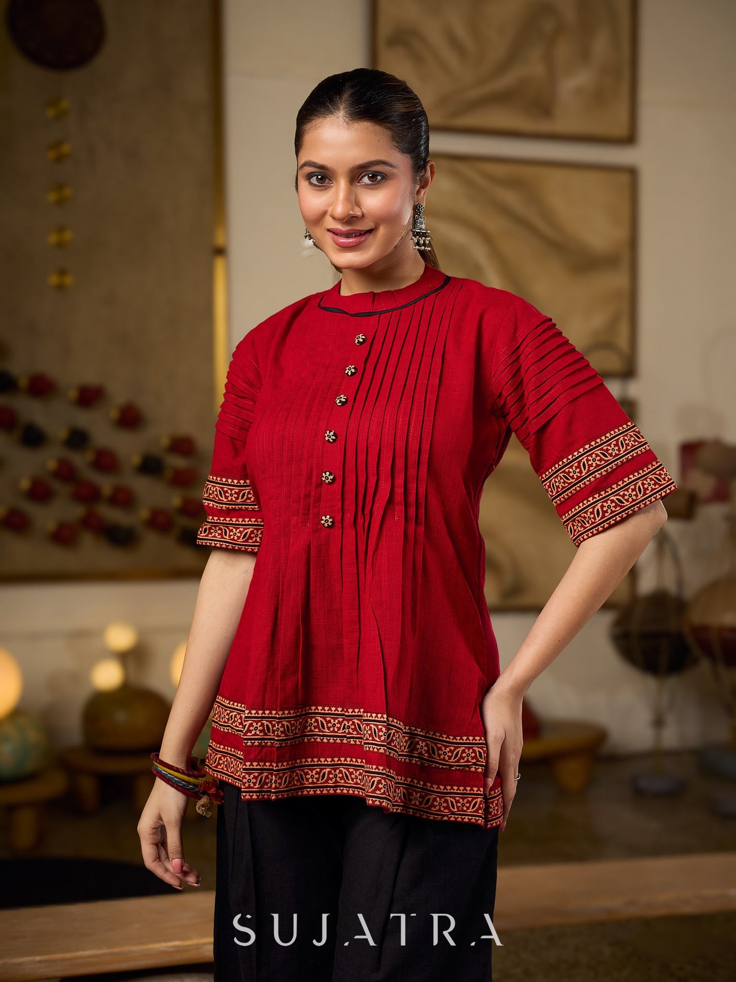 Chic Maroon Cotton Top Crafted With Front And Sleeve Pleats, Accented with Ajrakh Border