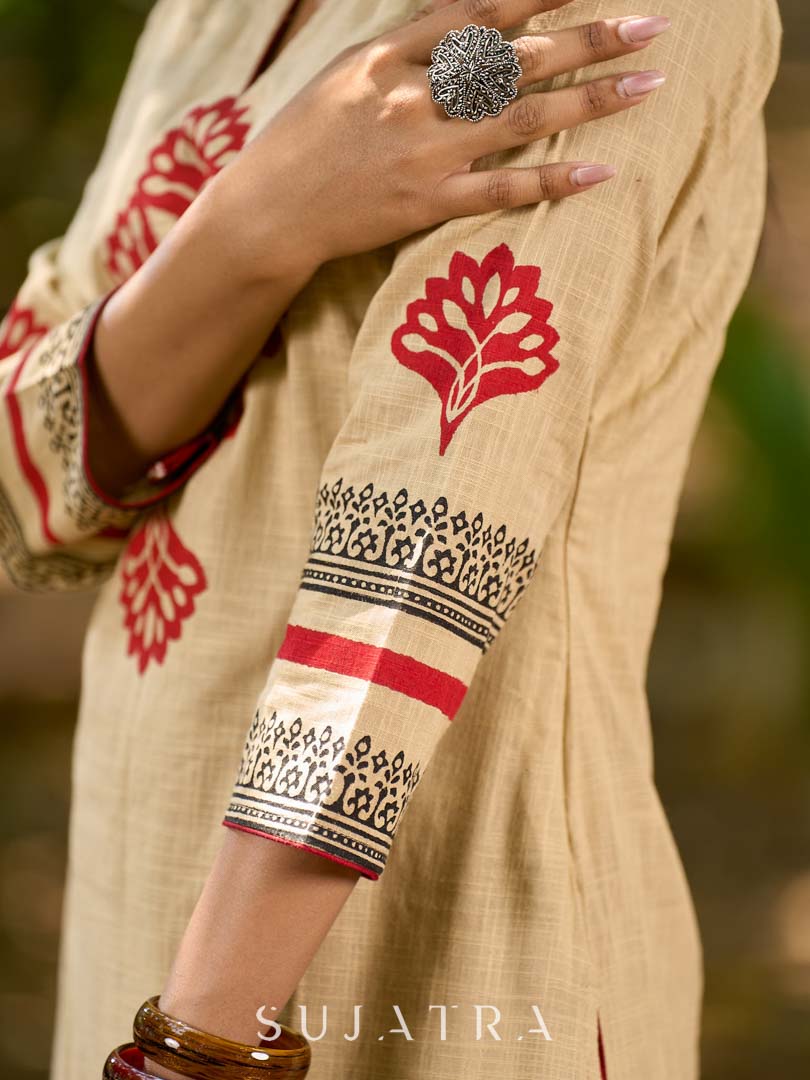 Sophisticated Beige Cotton Kurta with Statement Hand Block Design and Printed Hem Border