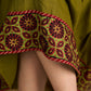 Elegant olive cotton dress featuring intricate block printed border