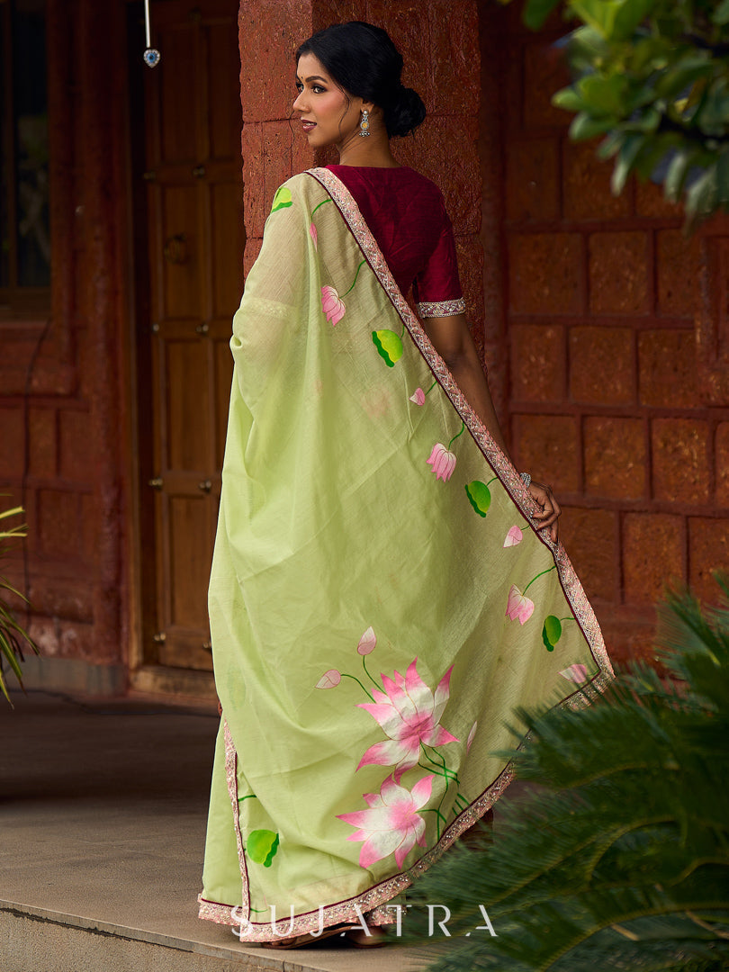Classic Pista Green Chanderi Saree with Hand-Painted Pichwai Motifs & Contrast Magenta Accent