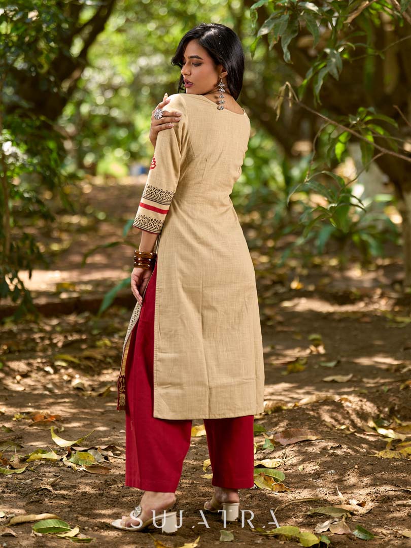 Sophisticated Beige Cotton Kurta with Statement Hand Block Design and Printed Hem Border