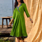 Green Flared Rayon Dress with Handcrafted Ajrakh Collar and Trims