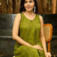 Olive Whispers Box Pleat Dress with Contrasting Hand Kantha Embroidery and Delicate Embellished Neckline