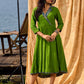 Green Flared Rayon Dress with Handcrafted Ajrakh Collar and Trims