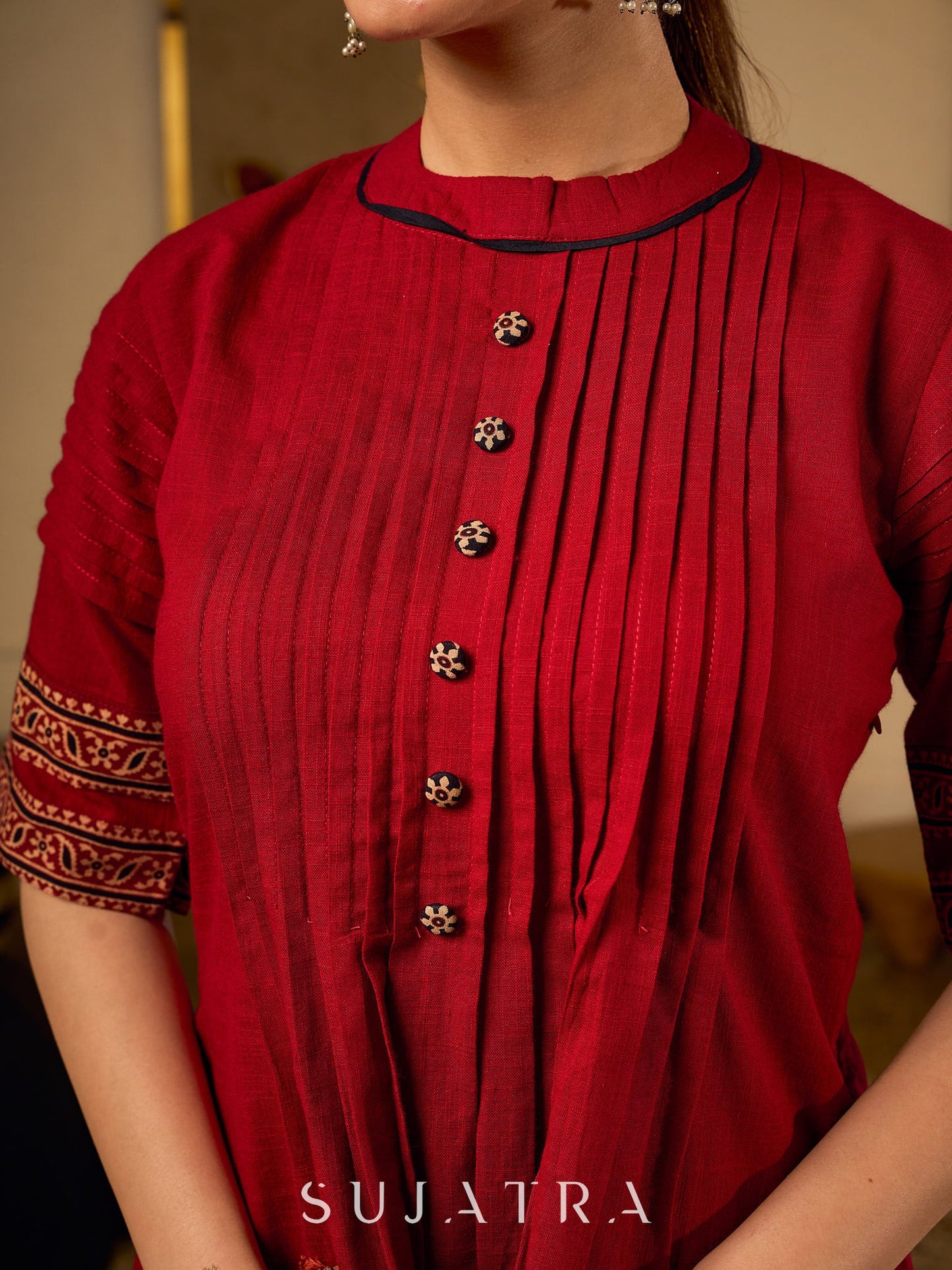 Chic Maroon Cotton Top Crafted With Front And Sleeve Pleats, Accented with Ajrakh Border