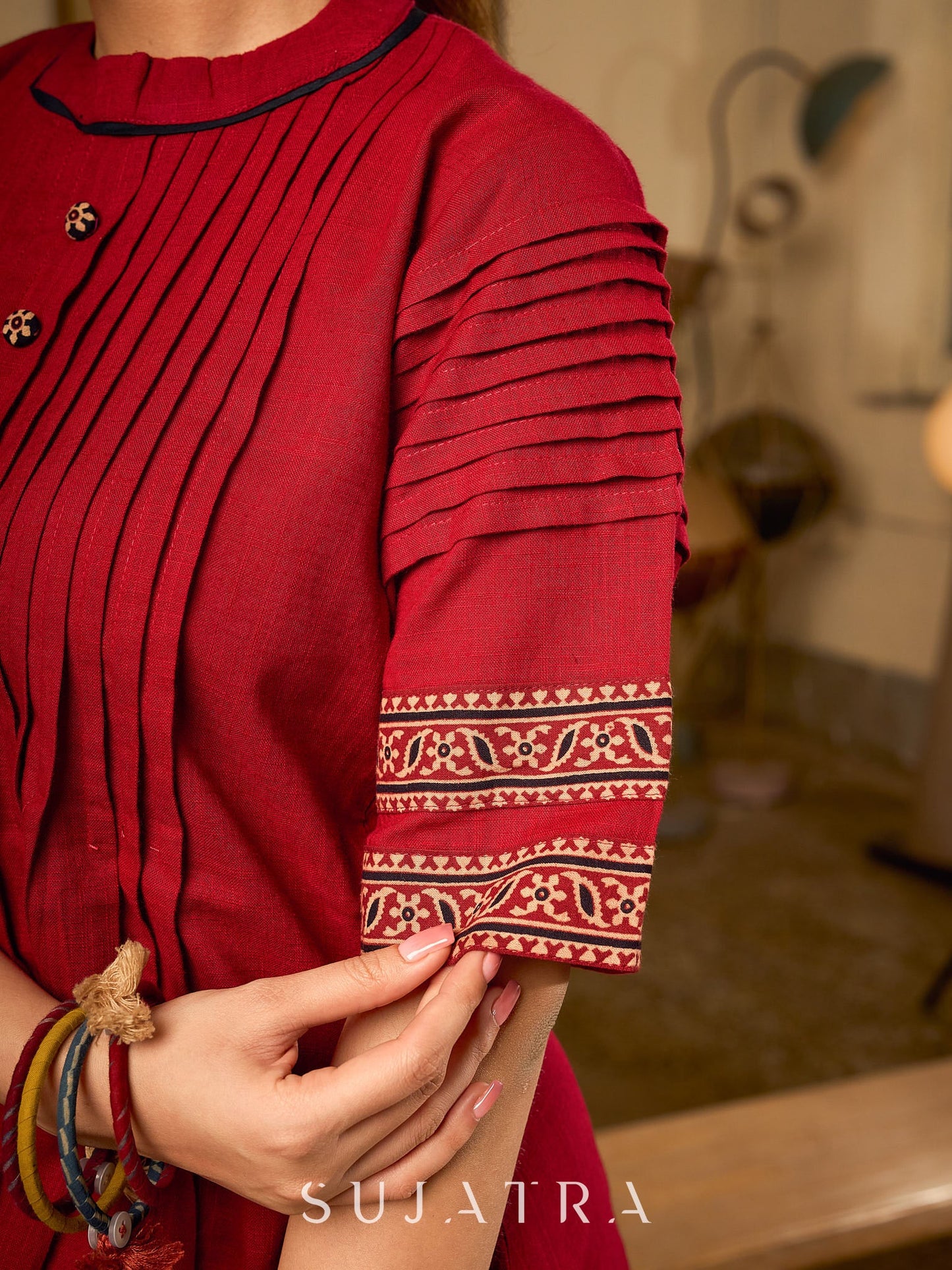 Chic Maroon Cotton Top Crafted With Front And Sleeve Pleats, Accented with Ajrakh Border