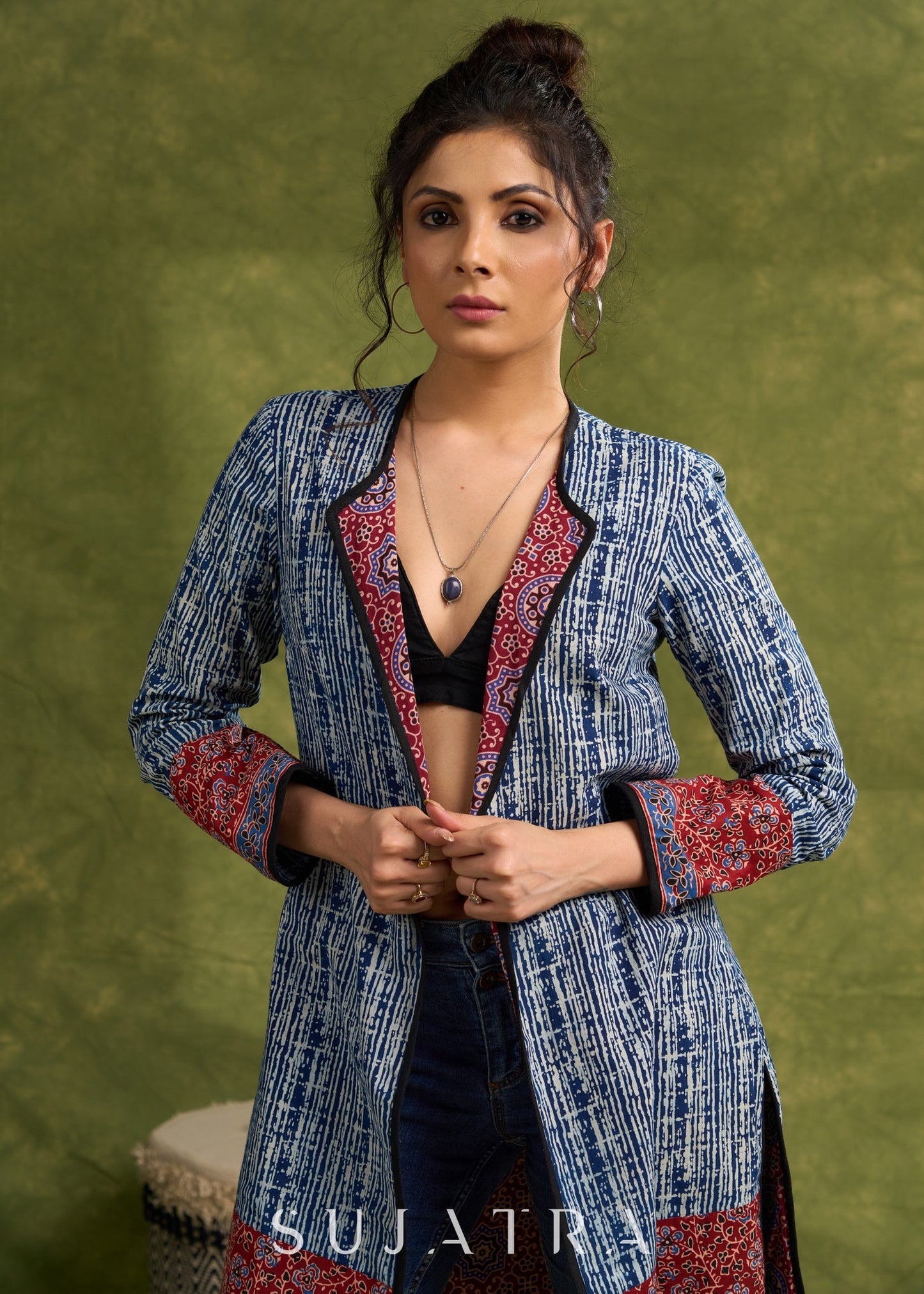 Dramatic Elegance: Indigo Blue Long Shrug With Exquisite Ajrakh Lining