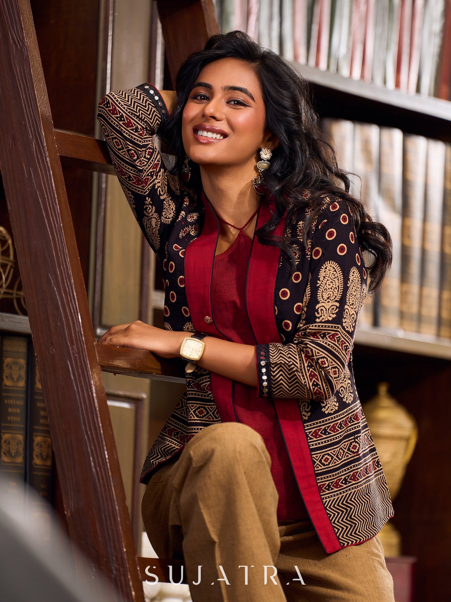 Ajrakh Black Cotton Jacket With Contrasting Maroon Silk Collar