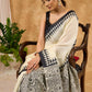 Authentic Off White Pure Silk Block Printed Saree With Temple Border