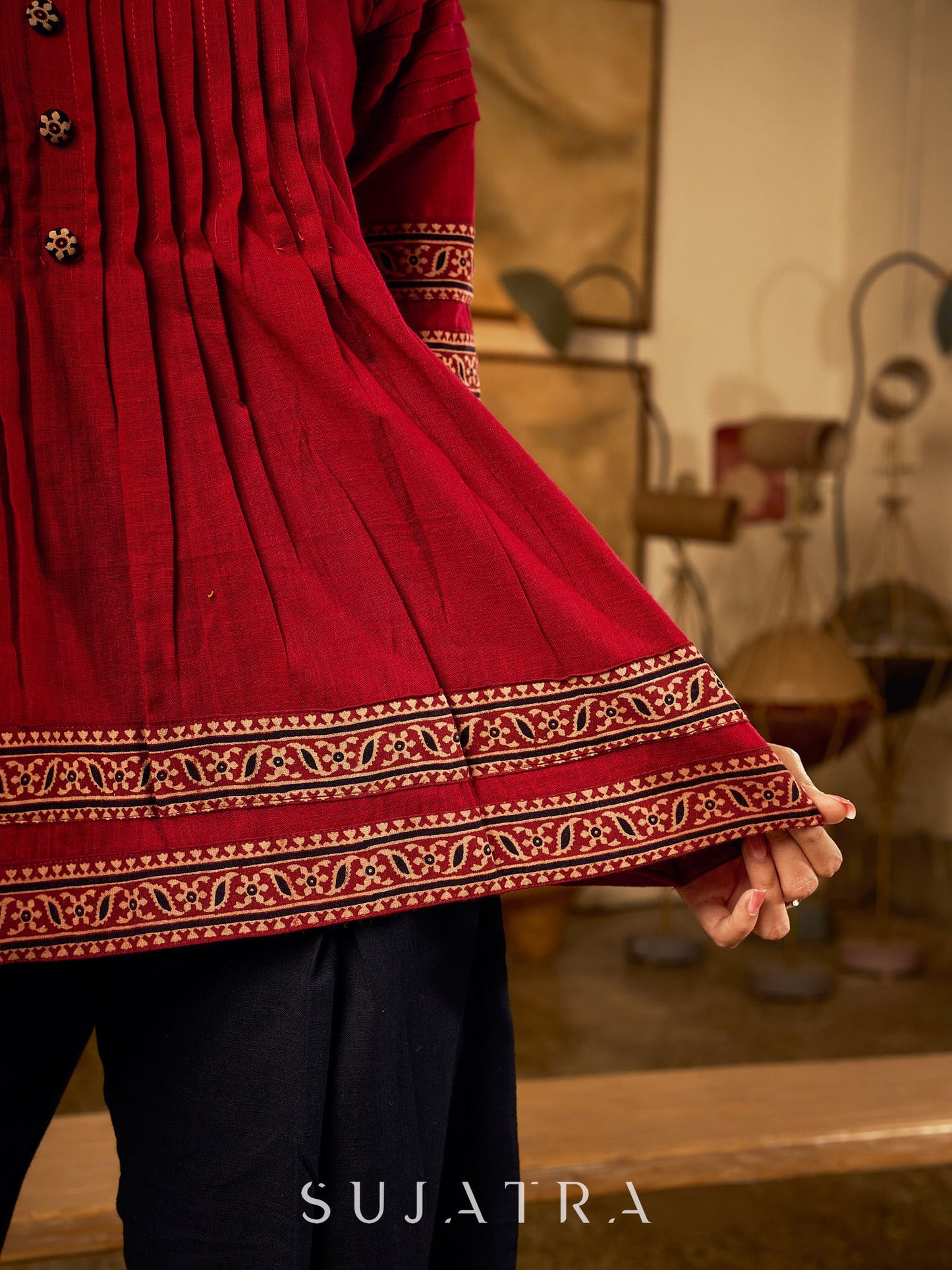 Chic Maroon Cotton Top Crafted With Front And Sleeve Pleats, Accented with Ajrakh Border