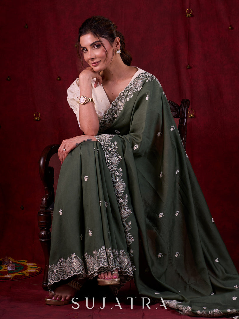 Sage Elegance Chanderi Saree Featuring All-Over Embroidery & Exquisite Heavy Border