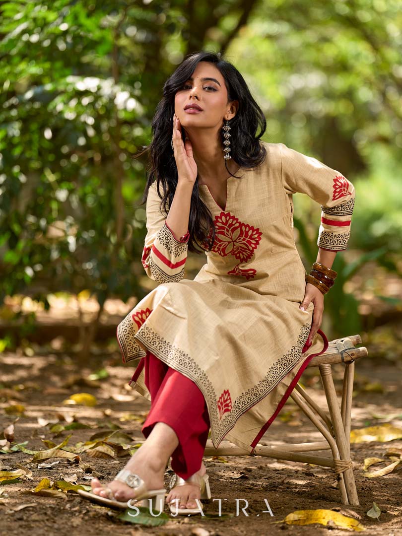 Sophisticated Beige Cotton Kurta with Statement Hand Block Design and Printed Hem Border
