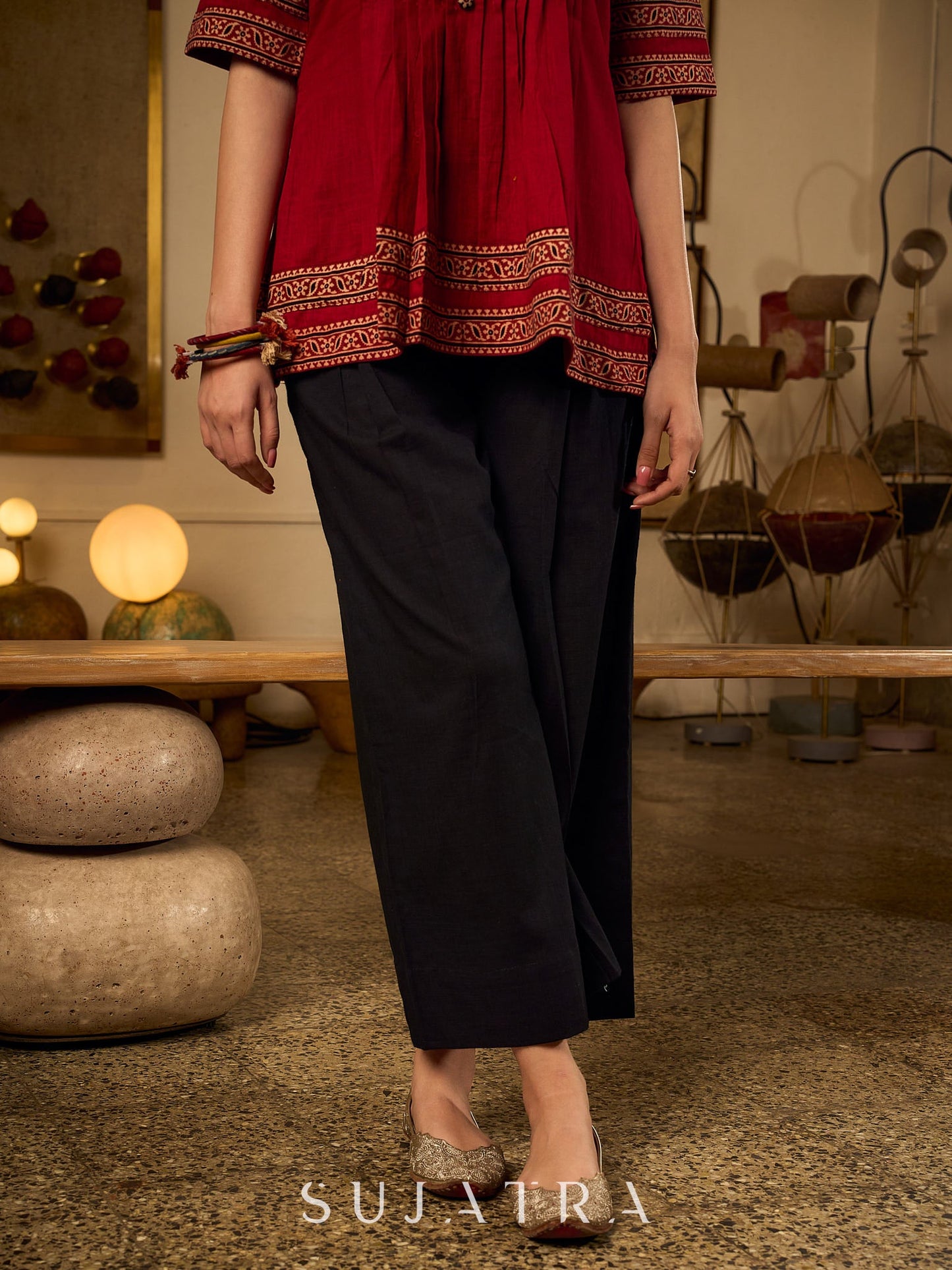 Chic Maroon Cotton Top Crafted With Front And Sleeve Pleats, Accented with Ajrakh Border