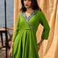 Green Flared Rayon Dress with Handcrafted Ajrakh Collar and Trims