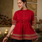 Chic Maroon Cotton Top Crafted With Front And Sleeve Pleats, Accented with Ajrakh Border