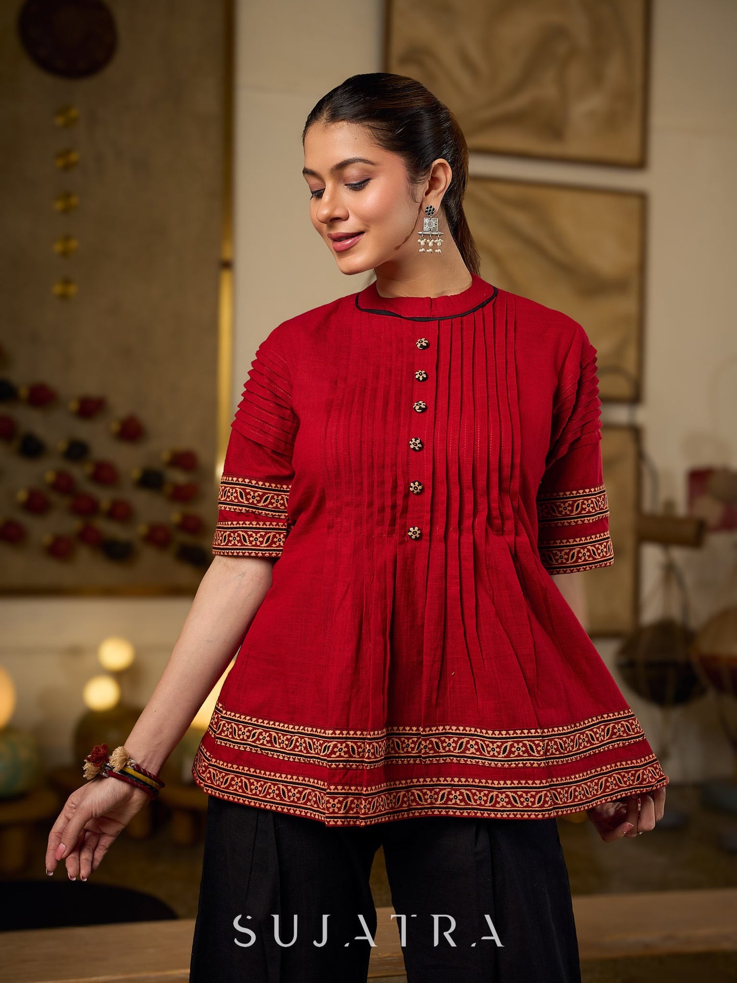 Chic Maroon Cotton Top Crafted With Front And Sleeve Pleats, Accented with Ajrakh Border