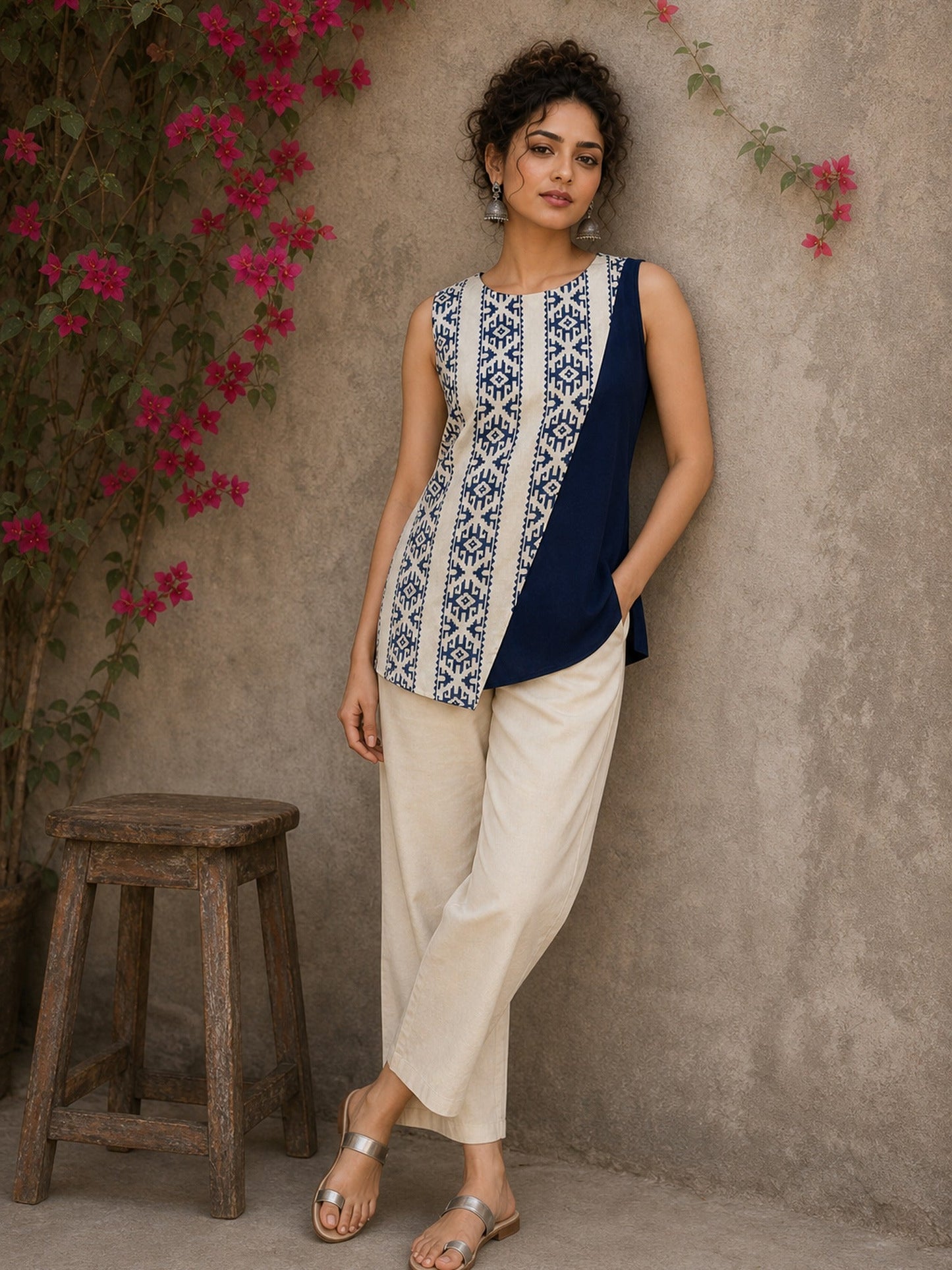 Contemporary off white and navy hand block print top featuring striking geometric motifs, an asymmetric layered silhouette, and effortless elegance