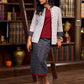 Timeless White Woven Ikat Cotton Jacket With Black Ikat Collar, Cuffs, And Maroon Highlights