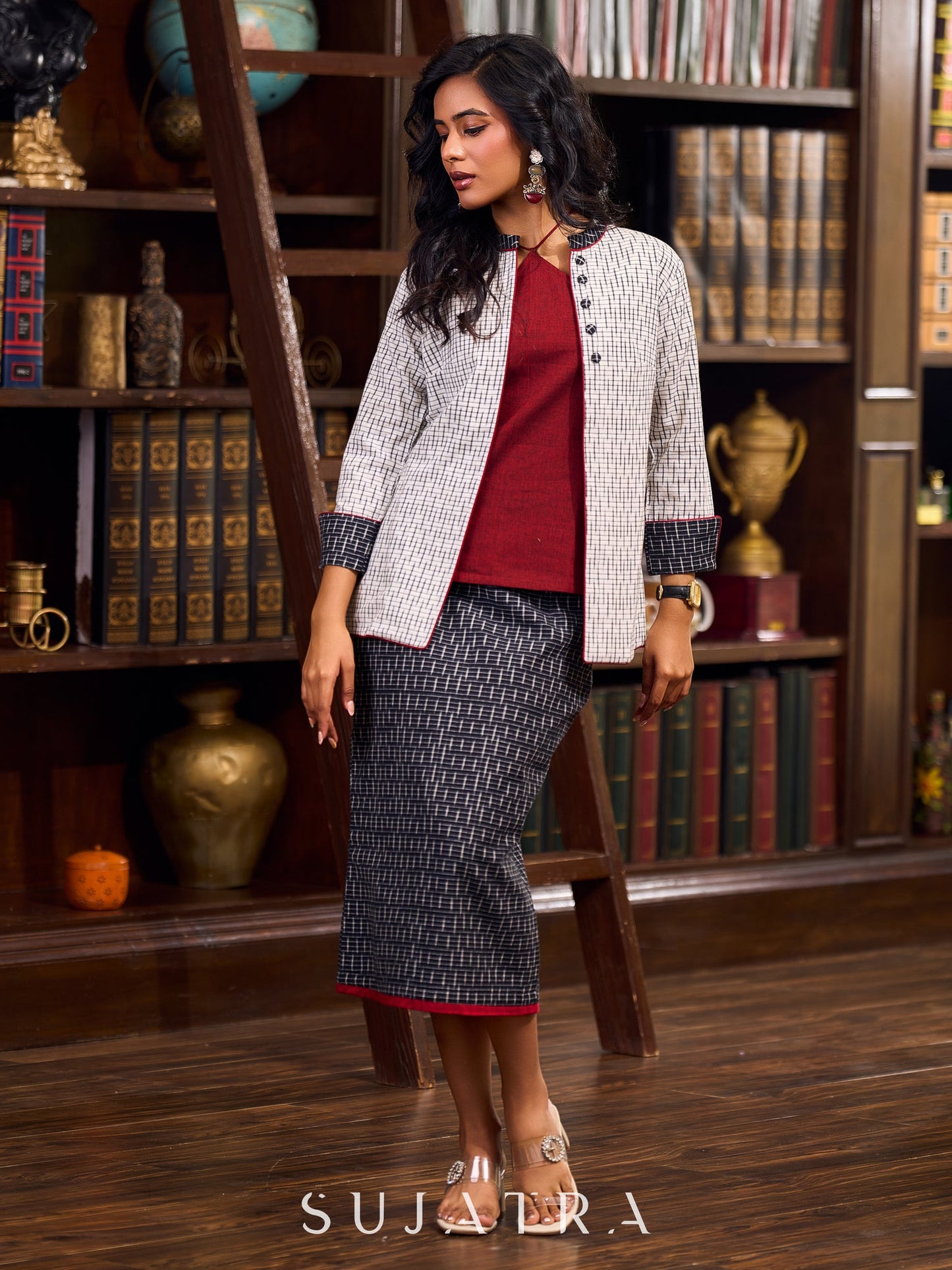 Timeless White Woven Ikat Cotton Jacket With Black Ikat Collar, Cuffs, And Maroon Highlights