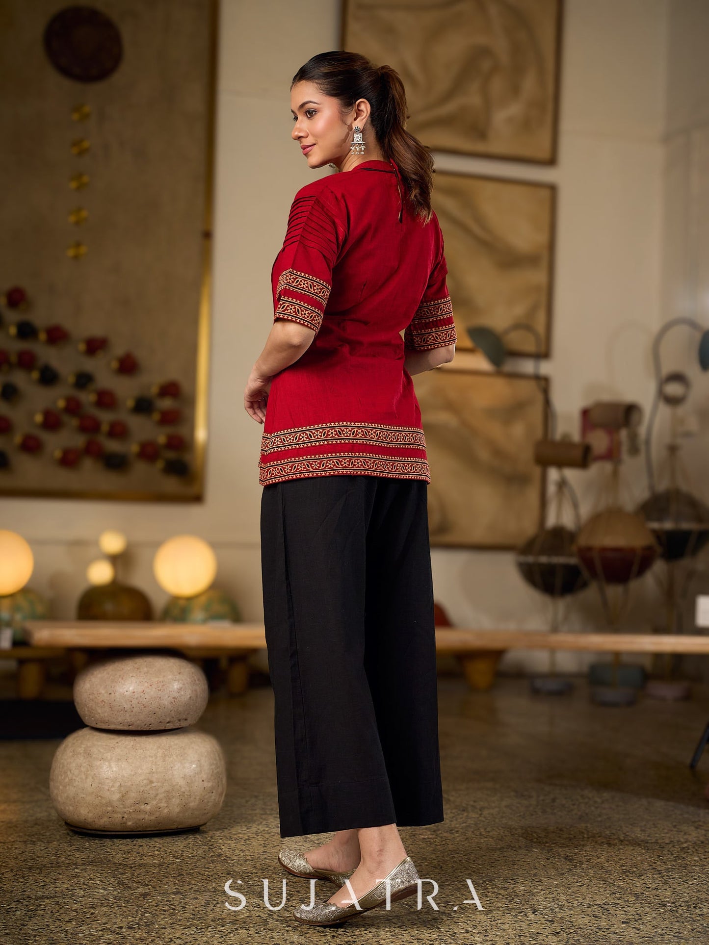Chic Maroon Cotton Top Crafted With Front And Sleeve Pleats, Accented with Ajrakh Border