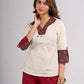 Off White Cotton Flex Top with Statement Floral Printed Collar & Cuff Highlighted with Handcrafted Kantha
