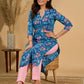 Blue Breeze Floral Printed Mul Cotton Kurta with Striking Pink Highlights