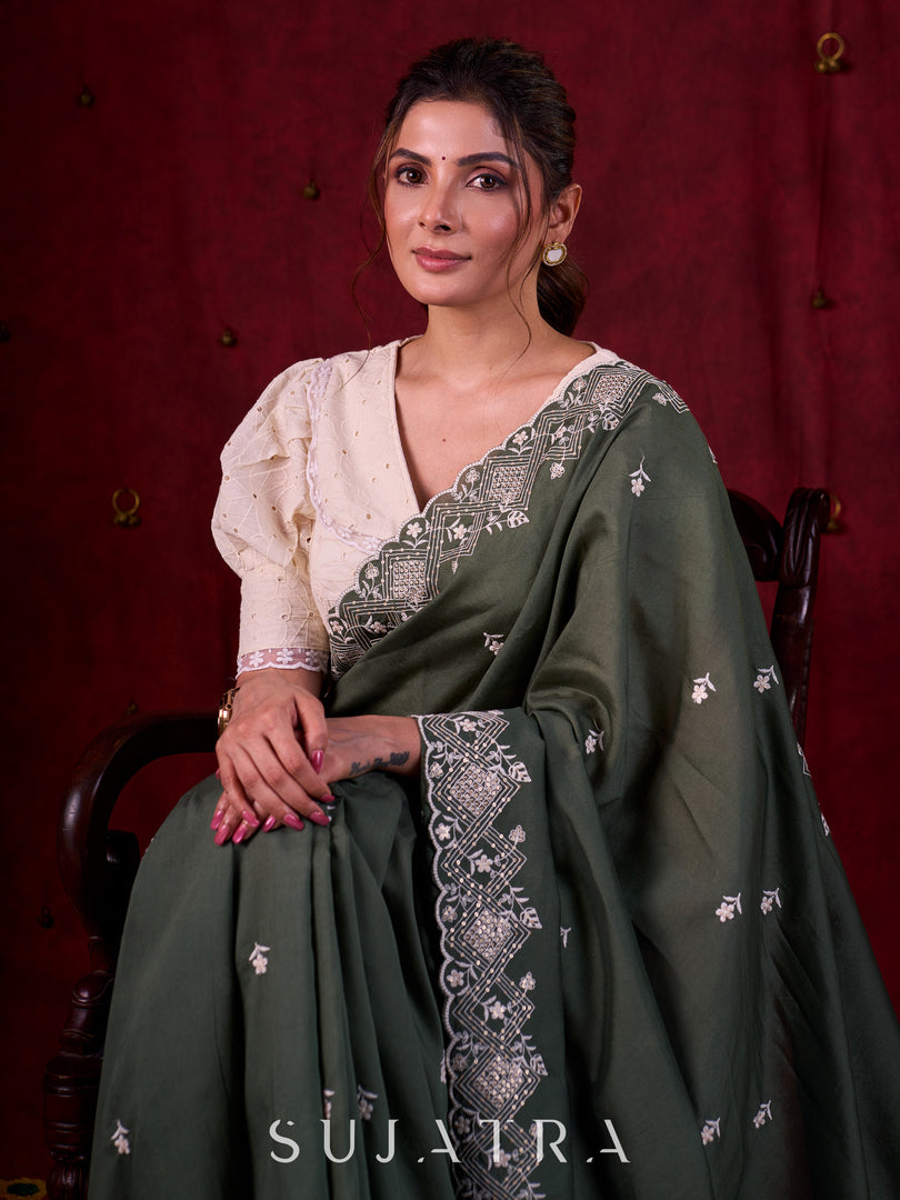 Sage Elegance Chanderi Saree Featuring All-Over Embroidery & Exquisite Heavy Border