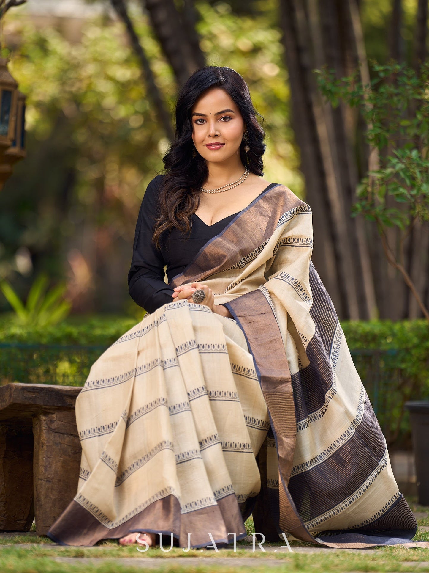 Classic Ivory and Brown Pure Tussar Silk  Block Printed Saree Accented with Subtle Stripes and Handcrafted Detailing
