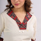 Off White Cotton Flex Top with Statement Floral Printed Collar & Cuff Highlighted with Handcrafted Kantha