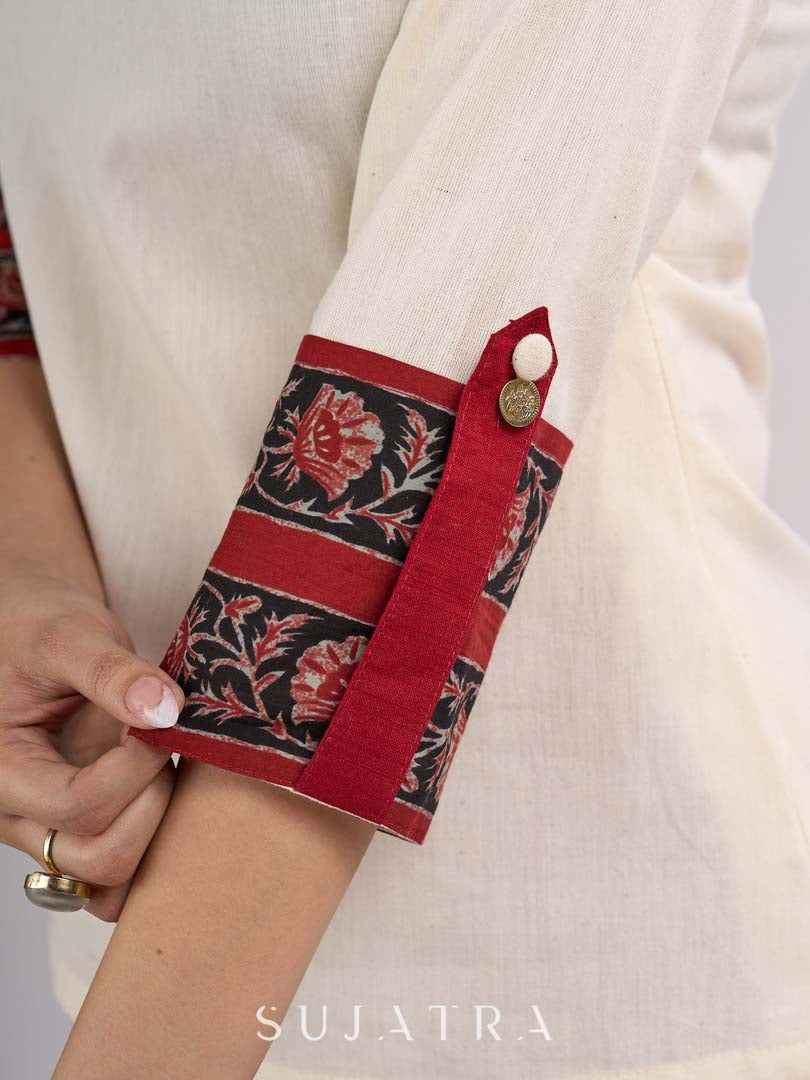 Off White Cotton Flex Top with Statement Floral Printed Collar & Cuff Highlighted with Handcrafted Kantha