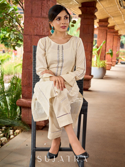 Graceful cotton-Hakoba kurta with pleated charm and lace detailing -pant optional