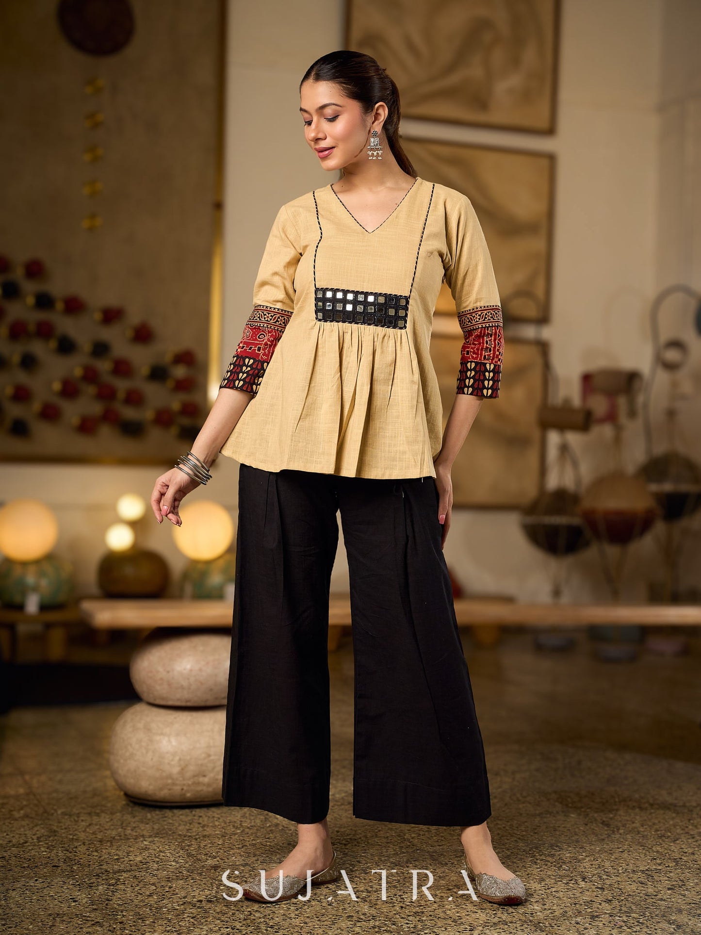 Chic Beige Cotton Top Enhanced With Ajrakh Print Sleeves And An Embellished Mirror Work Yoke